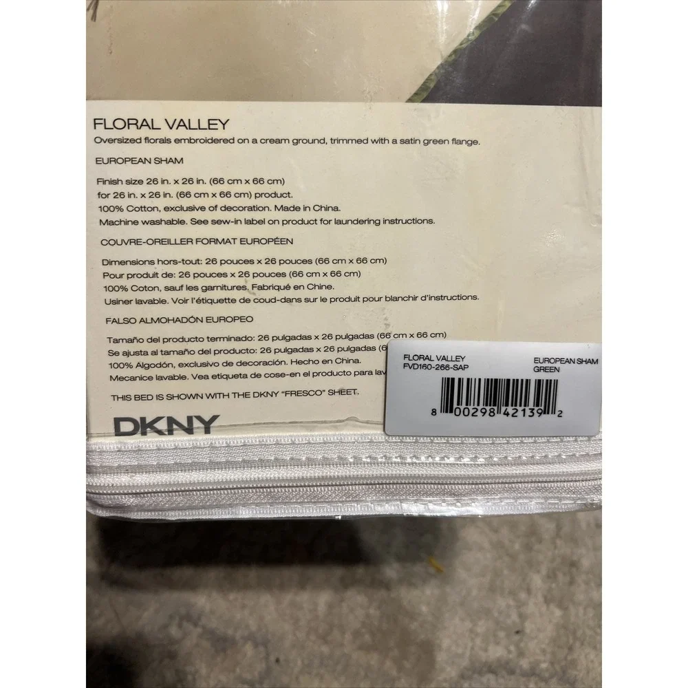 DKNY‎ Floral Valley Green Cream (1) Embroidered Euro Pillow Sham NEW